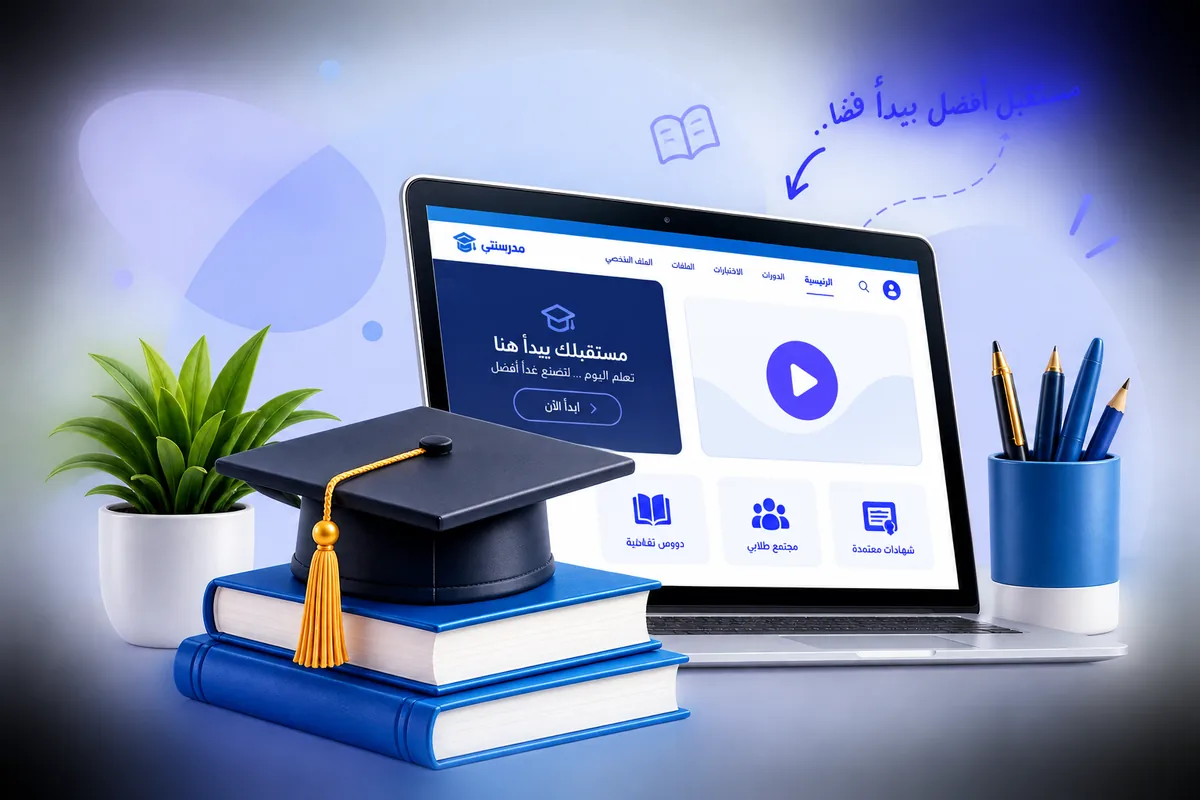 حاسوبٌ محمول يعرض منصّة تعليمية، بجانبه قبعة تخرّج وكتب