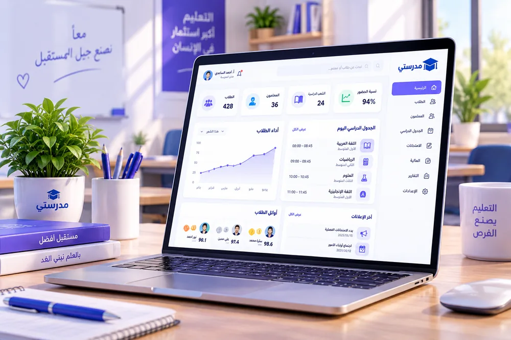 حاسوبٌ محمول على مكتب يعرض لوحة إدارة مدرسية